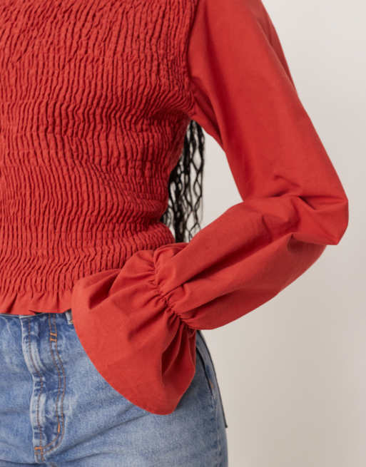 ASOS DESIGN - Blusa arricciata rossa in misto lino, 4 di 4