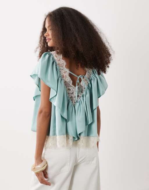 ASOS DESIGN - Blusa azul surfero escalonada de satén con insertos de encaje, 2 de 4