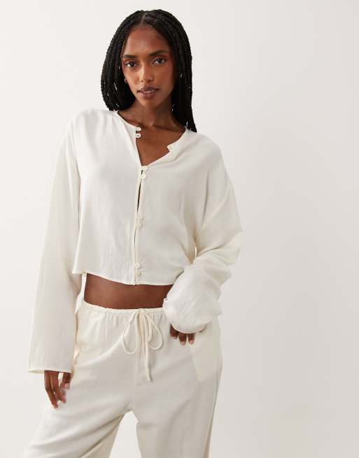 ASOS DESIGN - Blusa blanco marfil de estilo mao de mezcla de lino (parte de un conjunto), 3 de 4