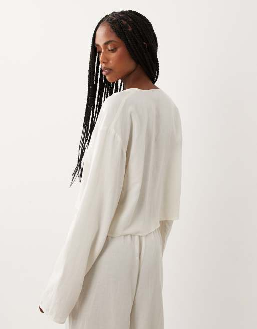 ASOS DESIGN - Blusa blanco marfil de estilo mao de mezcla de lino (parte de un conjunto), 4 de 4