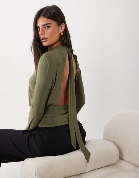 ASOS DESIGN blusa blouson con vita stretta e schiena aperta con laccetti in khaki - view 1