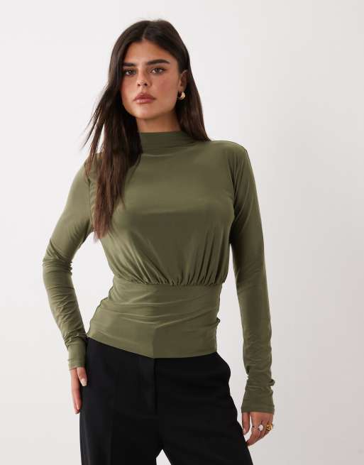 ASOS DESIGN blusa blouson con vita stretta e schiena aperta con laccetti in khaki, 3 di 4