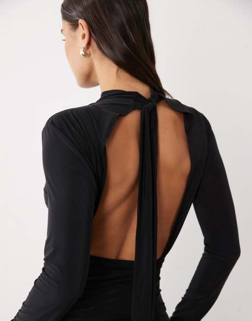 ASOS DESIGN blusa blouson con vita stretta, schiena aperta e laccetti, nera, 2 di 4