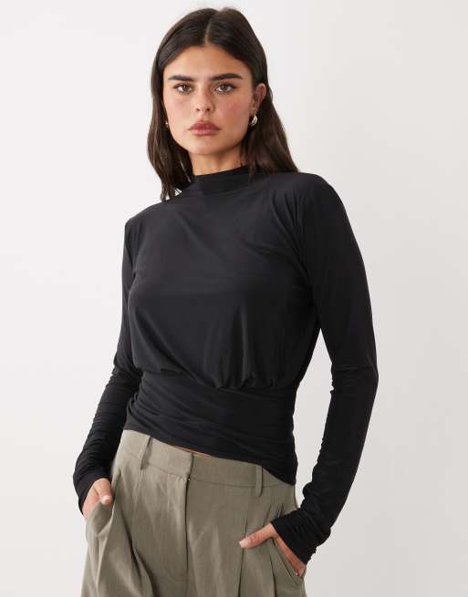 ASOS DESIGN blusa blouson con vita stretta, schiena aperta e laccetti, nera, 3 di 4