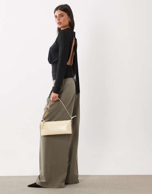 ASOS DESIGN blusa blouson con vita stretta, schiena aperta e laccetti, nera, 4 di 4