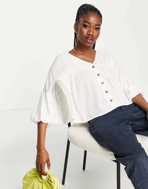 ASOS DESIGN - Blusa con bottoni e maniche a sbuffo, colore bianco