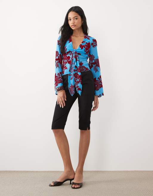 ASOS DESIGN blusa con collo annodato, maniche drappeggiate floccate, blu, 2 di 4