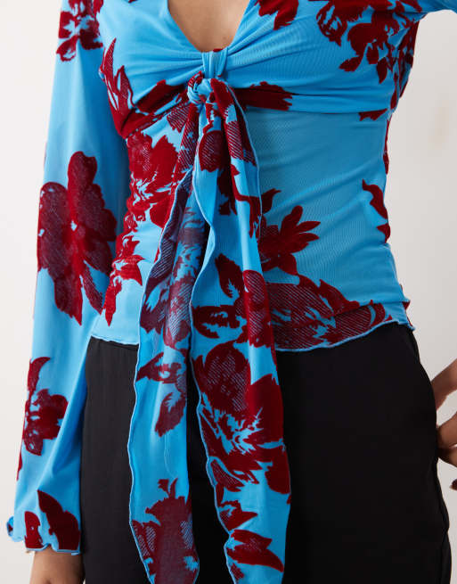 ASOS DESIGN blusa con collo annodato, maniche drappeggiate floccate, blu, 3 di 4