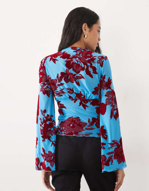 ASOS DESIGN blusa con collo annodato, maniche drappeggiate floccate, blu, 4 di 4