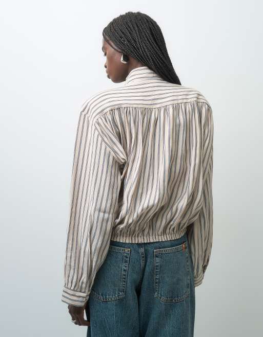 ASOS DESIGN blusa con fiocco al collo a righe sottili crema, 4 di 4