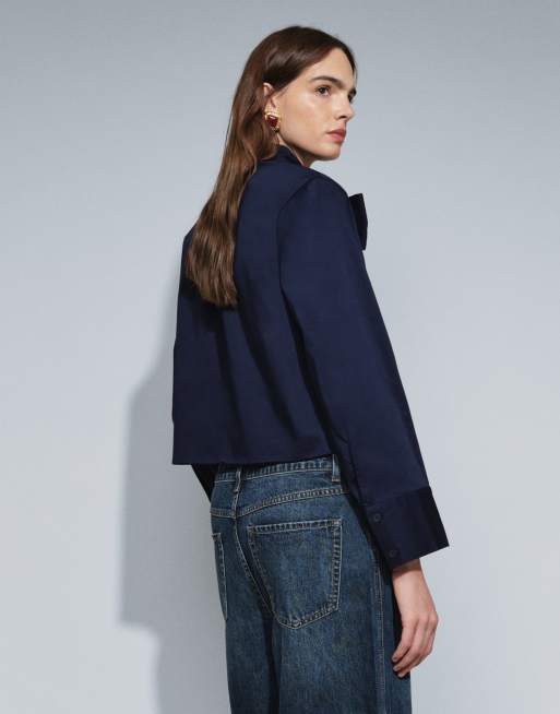 ASOS DESIGN blusa con fiocco sul retro e spalline in navy, 4 di 4
