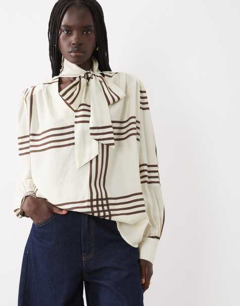 ASOS DESIGN blusa con lazo en el cuello a cuadros crema - view 1