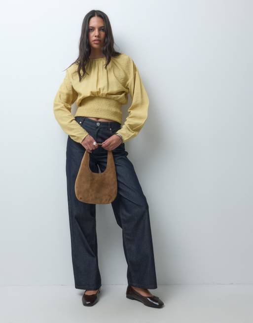 ASOS DESIGN blusa con vita arricciata e maniche a uovo color miele, 3 di 4
