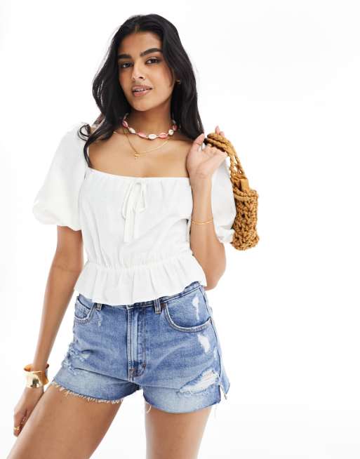 ASOS DESIGN - Blusa da giorno effetto lino bianca con maniche a palloncino