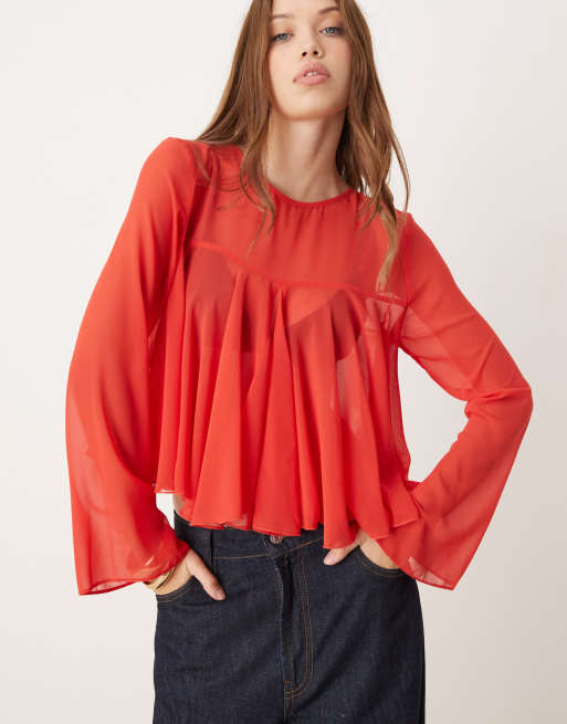 ASOS DESIGN - Blusa godet a maniche lunghe rossa trasparente