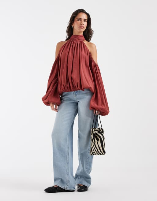 ASOS DESIGN blusa halterneck con spalle scoperte e volume rosa cipria, 3 di 4