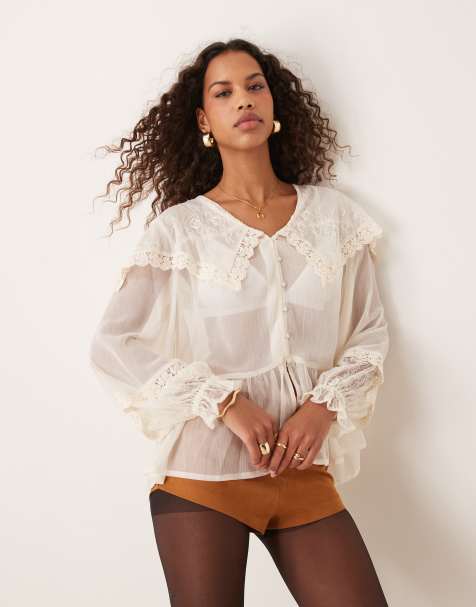 ASOS DESIGN - Blusa in chiffon e pizzo color crema con colletto - view 1