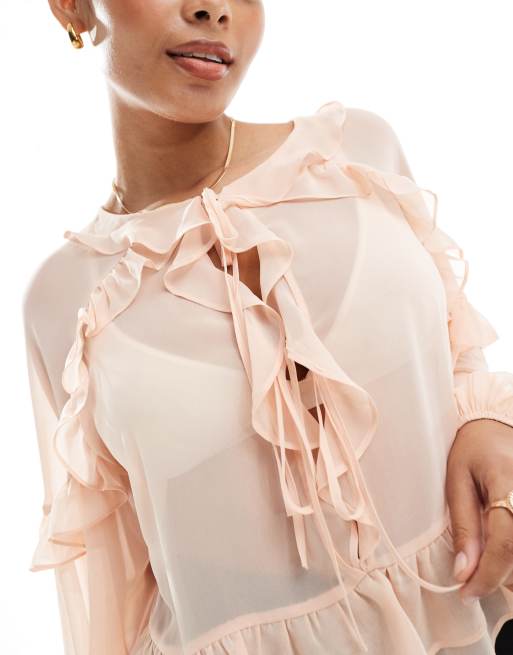 ASOS DESIGN - Blusa in chiffon rosa tenue con maniche voluminose e volant, 3 di 4