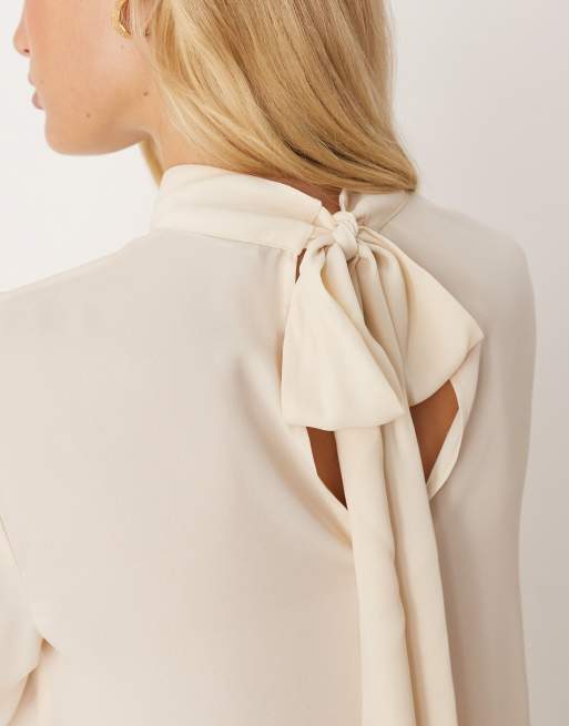ASOS DESIGN - Blusa in chiffon trasparente a maniche lunghe a sbuffo color panna, 3 di 4