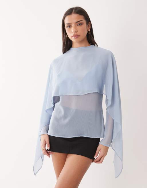 ASOS DESIGN - Blusa in chiffon trasparente blu con dettaglio stile sciarpa