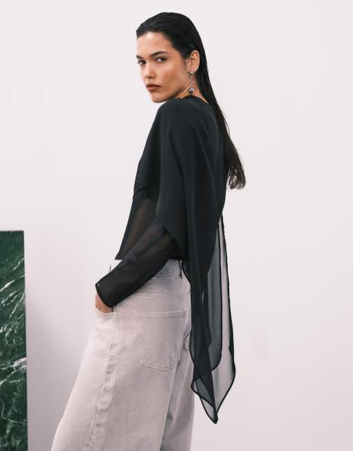 ASOS DESIGN - Blusa in chiffon trasparente nera con dettaglio stile sciarpa