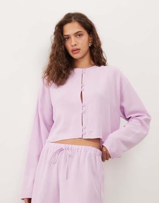 ASOS DESIGN - Blusa in misto lino rosa cipria con colletto alla coreana in coordinato, 1 di 4