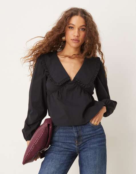 ASOS DESIGN - Blusa in popeline nera con colletto a contrasto - view 1