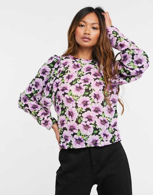 ASOS DESIGN - Blusa lunga con maniche voluminose e stampa a fiori