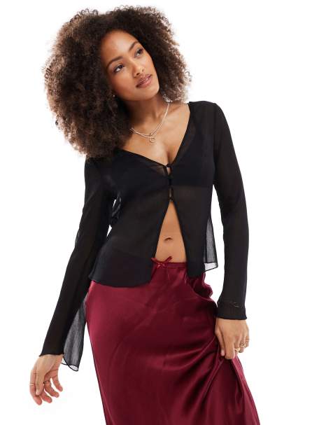 ASOS DESIGN - Blusa nera in chiffon stropicciato con scollo profondo - view 1