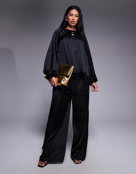 ASOS DESIGN - Blusa nera in raso con maniche voluminose in coordinato - view 1