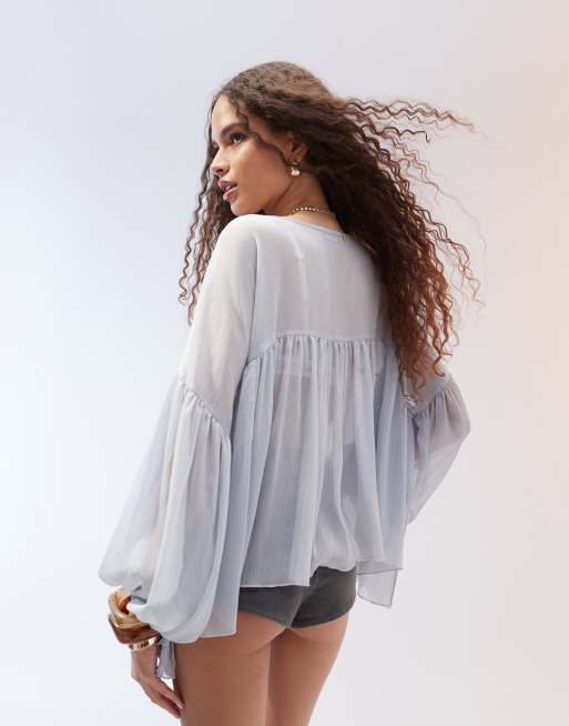 ASOS DESIGN - Blusa punto smock con scollo a V e maniche voluminose blu, 4 di 4