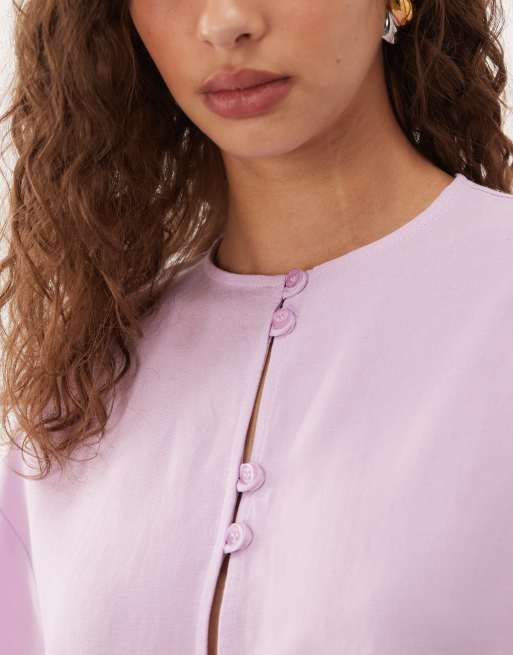ASOS DESIGN - Blusa rosa rubor estilo asiático de mezcla de lino (parte de un conjunto), 3 de 4