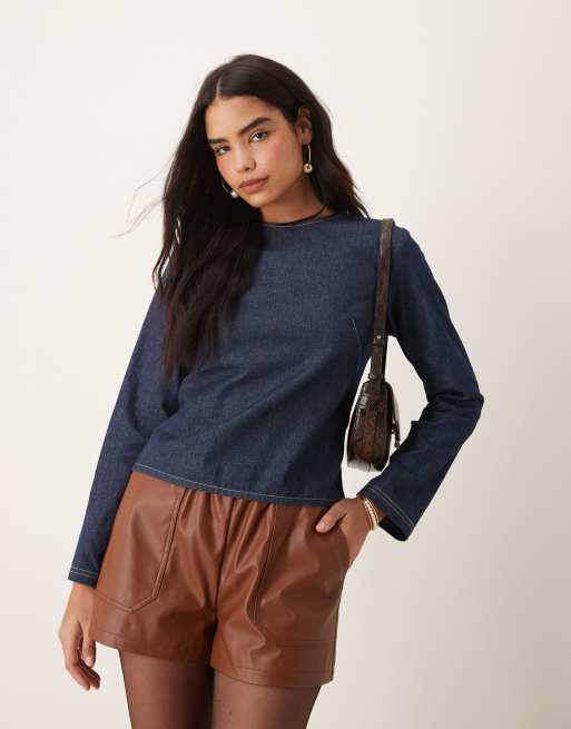 ASOS DESIGN - Blusa sartoriale in denim color indaco a maniche lunghe