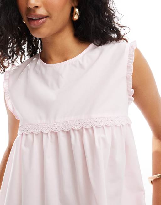 ASOS DESIGN - Blusa senza maniche in cotone rosa con finiture in pizzo, 3 di 4