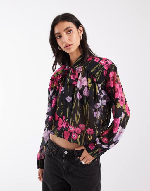 ASOS DESIGN blusa strutturata con fiocco e dettagli arricciati a stampa floreale, 1 di 4