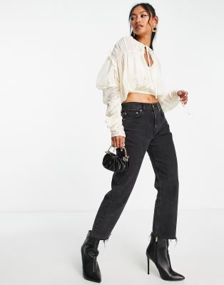 ASOS DESIGN sheer blouse with ruched sleeves & blouson in cream - ASOS Price Checker