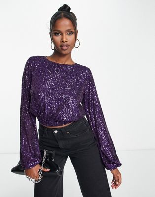 ASOS DESIGN sequin blouse with balloon sleeve in purple - ASOS Price Checker