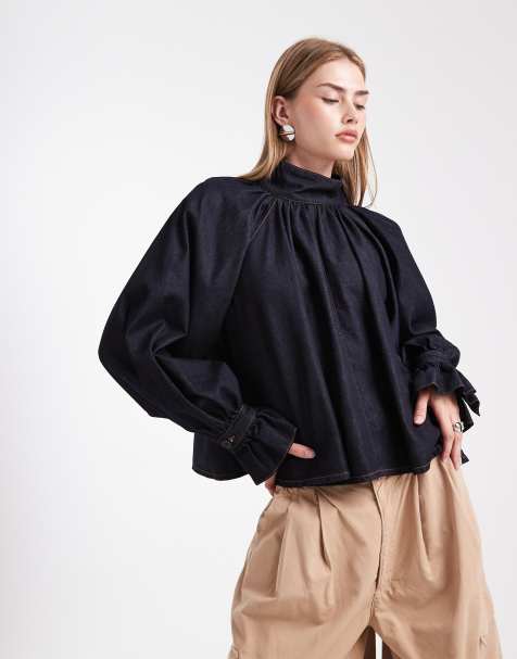 ASOS DESIGN - Blusa voluminosa in denim blu indaco con maniche vintage - view 1