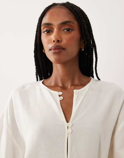 ASOS DESIGN – Bluse aus Leinenmix in Elfenbeinweiß mit Mandarinkragen, Kombiteil - view 1