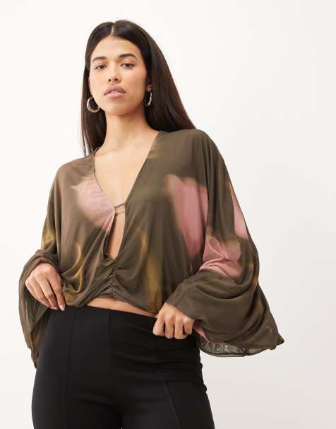 ASOS DESIGN Bluse aus Mesh mit Print und Drapierung in Khaki und rosa Blumenmuster - view 1