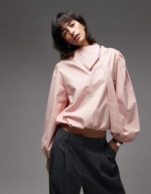 ASOS DESIGN - Bluse aus Popeline in Hellrosa mit Schnürung am Ausschnitt