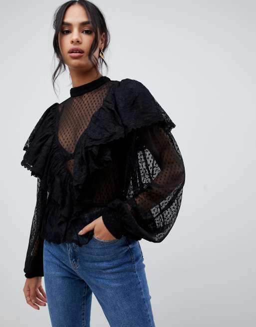 ASOS DESIGN – Bluse im viktorianischem Stil mit Spitze, gepunktetem Netzstoff und Blousonämrlen