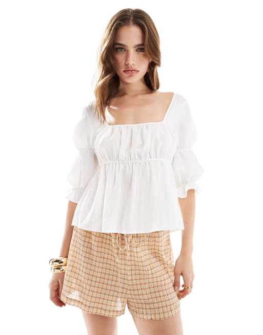 ASOS DESIGN – Bluse in Elfenbeinweiß mit eckigem Ausschnitt und Puffärmeln