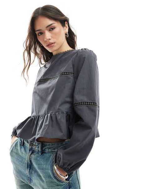 ASOS DESIGN – Bluse in Schwarz mit Einsätzen aus Spitzenstoff - view 1