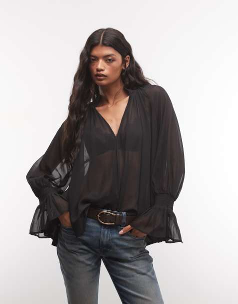 ASOS DESIGN bluse med bindebånd i halsen i sort - view 1