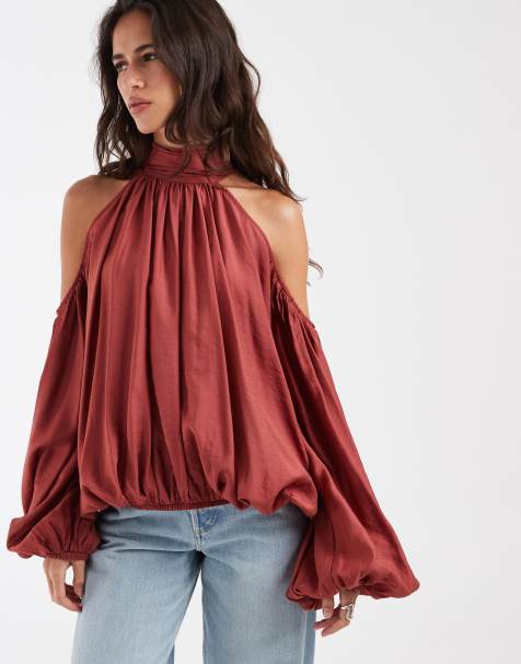 ASOS DESIGN Bluse mit Neckholder, Cut-outs an den Schultern und Volumen in Altrosa - view 1