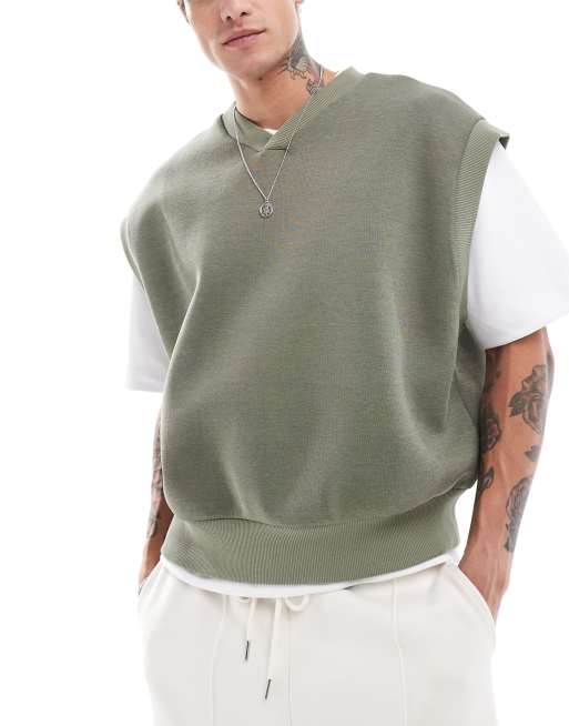 ASOS DESIGN – Bluza oversize bez rękawów, z dekoltem w szpic, z materiału nurek w kolorze khaki