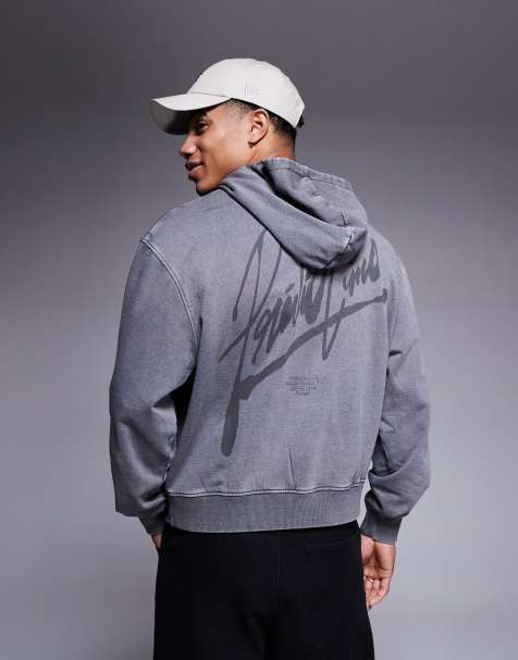 ASOS DESIGN – Bluza oversize o pudełkowym kroju w spranym szarym kolorze z kapturem i nadrukiem - view 1