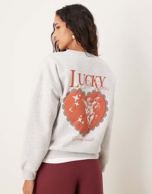 ASOS DESIGN – Bluza oversize w szarym melanżowym kolorze z grafiką z cherubinkiem i napisem Lucky In Love