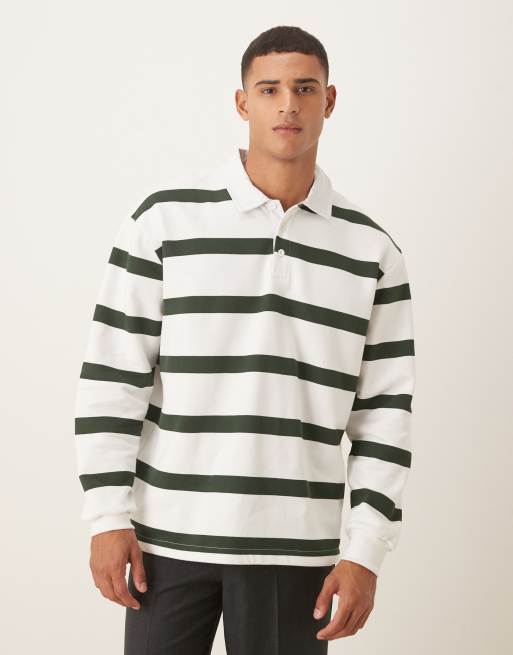 ASOS DESIGN – Bluza polo oversize w stylu rugby w paski w kolorze khaki i szarobeżowym